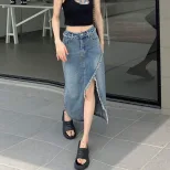 High Waist Irregular Denim Skirt for Women A Line Cut Frayed Hem Split Design Summer Casual Wear