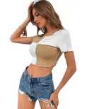 Color Block Short Sleeve Knit T Shirt for Women Casual Summer Style Available in Black and Khaki Wholesale Supply