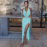 Womens Summer Two Piece Set Sexy Hollow Out Halter Neck Top and Side Slit Skirt Casual Fashion
