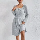 Womens Dress Square Neckline Long Sleeve A Line Design Casual Spring Summer Wear