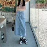 High Waist Pocket Denim Skirt for Women Loose Fit Mid Length Summer Casual Wear