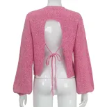 Knit Sweater Round Neck Long Sleeve Sexy Backless Tie Design Short Style Casual Wear for Autumn and Winter