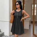 Sleeveless Waist Tie Mini Dress Solid Color Casual Summer Wear Available in Black Green Orange Wholesale Supply