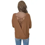 Loose Fit Long Sleeve Womens T Shirt Casual Sexy Backless Design Brown Waffle Fabric Spring Summer Wear