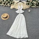 White Summer Vacation Set for Women Lace Trim Halter Neck Top and Chiffon Skirt Casual Beachwear