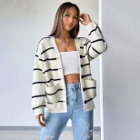 Womens Loose Fit V Neck Striped Knit Cardigan Sweater Long Sleeve White Spring Summer Wholesale fast shipping