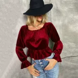 Womens Long Sleeve T Shirt Off Shoulder Ruffle Design Velvet Fabric Elegant Style