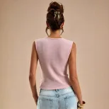 V Neck Sleeveless T Shirt for Women Slim Fit Textured Fabric Casual Summer Wear
