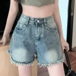 High Waist Denim Shorts for Women Loose Fit Frayed Hem Vintage Blue Summer Casual Wear