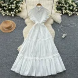 Elegant Vintage Lace Panel Waist Defined Short Sleeve Dress for Women Flowy Maxi Style Available in Red White Green Wholesale