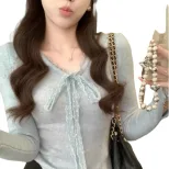Apricot Lace Bow V Neck Long Sleeve Top for Women Irregular Hem Design Spring Layering