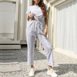 Womens Casual Two Piece Set Short Sleeve Striped Round Neck Comfortable Fabric Available in Blue Gray Black Wholesale