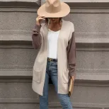 Womens Color Block Cardigan Sweater Long Sleeve Khaki Fall Fashion private label