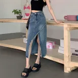 High Waist Irregular Denim Skirt for Women A Line Cut Frayed Hem Split Design Summer Casual Wear