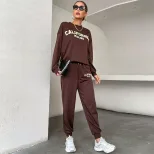 Womens Long Sleeve Letter Print Hoodie Set Casual Fashion Outfit Coffee Color low MOQ