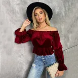 Womens Long Sleeve T Shirt Off Shoulder Ruffle Design Velvet Fabric Elegant Style