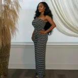 Strapless Vintage Striped Top and Comfortable Long Pants Set for Women Casual Summer Fashion Available in Black