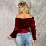 Womens Long Sleeve T Shirt Off Shoulder Ruffle Design Velvet Fabric Elegant Style