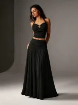 Backless Halter Top and A Line Skirt Set Ruffled Waist Design Elegant Evening Wear