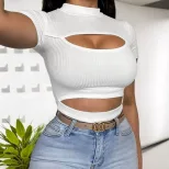 Womens Short Sleeve T Shirt Half Turtleneck Slim Fit Knit Summer Casual Wear Available in White Wholesale