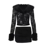 Lace Plush Long Sleeve Top and Sexy Mini Skirt Set Fashionable Street Style Autumn Winter Wholesale Available