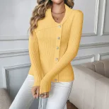 Slim Fit V Neck Womens Sweater with Pearl Decoration in Yellow for Spring and Autumn Wholesale Low MOQ