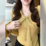 Apricot Lace Bow V Neck Long Sleeve Top for Women Irregular Hem Design Spring Layering