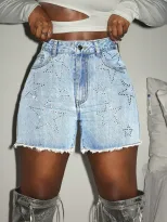 Womens Denim Shorts Star Sequin Embellishment Casual Summer Style Available in Blue Wholesale Sizes S L XL