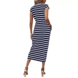 Elegant Striped Maxi Dress for Women Short Sleeve Round Neck Waist Tie Summer Fashion