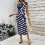 Elegant Striped Maxi Dress for Women Short Sleeve Round Neck Waist Tie Summer Fashion