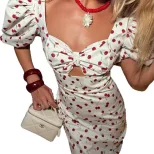 Womens Spring Summer Dress Sweet Style Square Neck Puff Sleeve Pleated Design Polka Dot Print