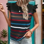 Lace Trim Ruffle Sleeve Striped T Shirt Summer Casual Style Lightweight Fabric Wholesale Available