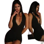 Bodycon Mini Dress Deep V Neck Halter Backless Design Nightclub Party Wear