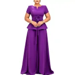 Plus Size Womens Casual Ruffle Sleeve Top and Wide Leg Pants Set in Purple Apricot Blue and Peacock Green for Summer