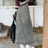 High Waist Split Hem Denim Midi Skirt for Women Fashionable Versatile Design Spring Autumn Wear