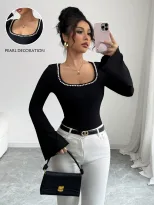 Black Square Neck Long Sleeve T Shirt for Women with Pearl Detail and Flare Sleeves Slim Fit for Casual Wear Wholesale