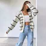 Womens Loose Fit V Neck Striped Knit Cardigan Sweater Long Sleeve White Spring Summer Wholesale fast shipping