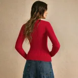Womens Vintage V Neck Sweater Slim Fit Long Sleeve Knitted Striped Pattern Spring Summer