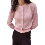 Womens Knit Cardigan Sweater Soft Hollow Out Design Round Neck Long Sleeve Casual Autumn Spring Wear