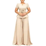 Plus Size Womens Casual Ruffle Sleeve Top and Wide Leg Pants Set in Purple Apricot Blue and Peacock Green for Summer