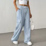 Wide Leg Striped Trousers for Women Casual Summer Style Lightweight Fabric Available in Blue Wholesale Options