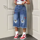 Womens Distressed Denim Capris Casual Summer Style Blue Color Available in S to XL Wholesale Supply