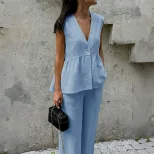 Womens Sleeveless V Neck Vest and Pants Set Casual Style Available in Apricot Yellow and Blue Wholesale Ready to Ship