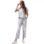 Womens Casual Two Piece Set Short Sleeve Striped Round Neck Comfortable Fabric Available in Blue Gray Black Wholesale