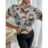 Womens Printed Mesh T Shirt Slim Fit Short Sleeve Round Neck Casual Style for Spring and Summer