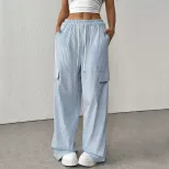 Wide Leg Striped Trousers for Women Casual Summer Style Lightweight Fabric Available in Blue Wholesale Options