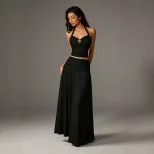 Backless Halter Top and A Line Skirt Set Ruffled Waist Design Elegant Evening Wear