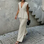 Womens Sleeveless V Neck Vest and Pants Set Casual Style Available in Apricot Yellow and Blue Wholesale Ready to Ship