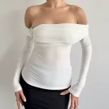 Womens Slim Fit Off Shoulder Top Solid Color Lightweight Fabric Summer Casual Wear