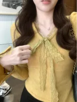 Apricot Lace Bow V Neck Long Sleeve Top for Women Irregular Hem Design Spring Layering